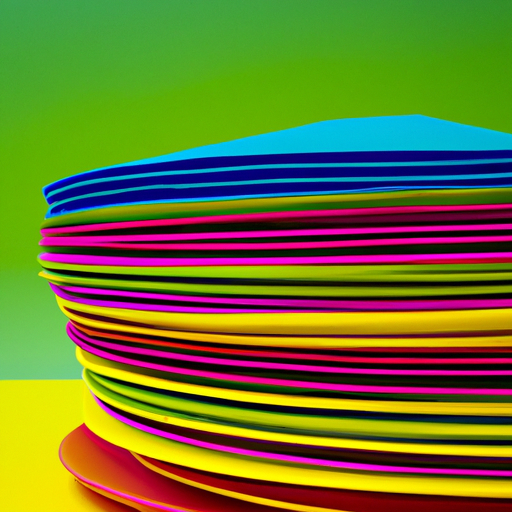 תמונה של ערימה של צלחות נייר צבעוניות.