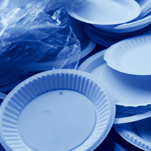 תמונה בגוון כחול של ערימת צלחות חד פעמיות במזבלה.